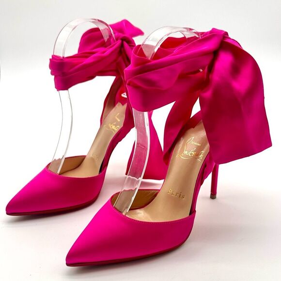 CHRISTIAN LOUBOUTIN Satin Douce Du Desert 100 Heels Rose Pink Ankle Tie EU37 US7 - Picture 13 of 16